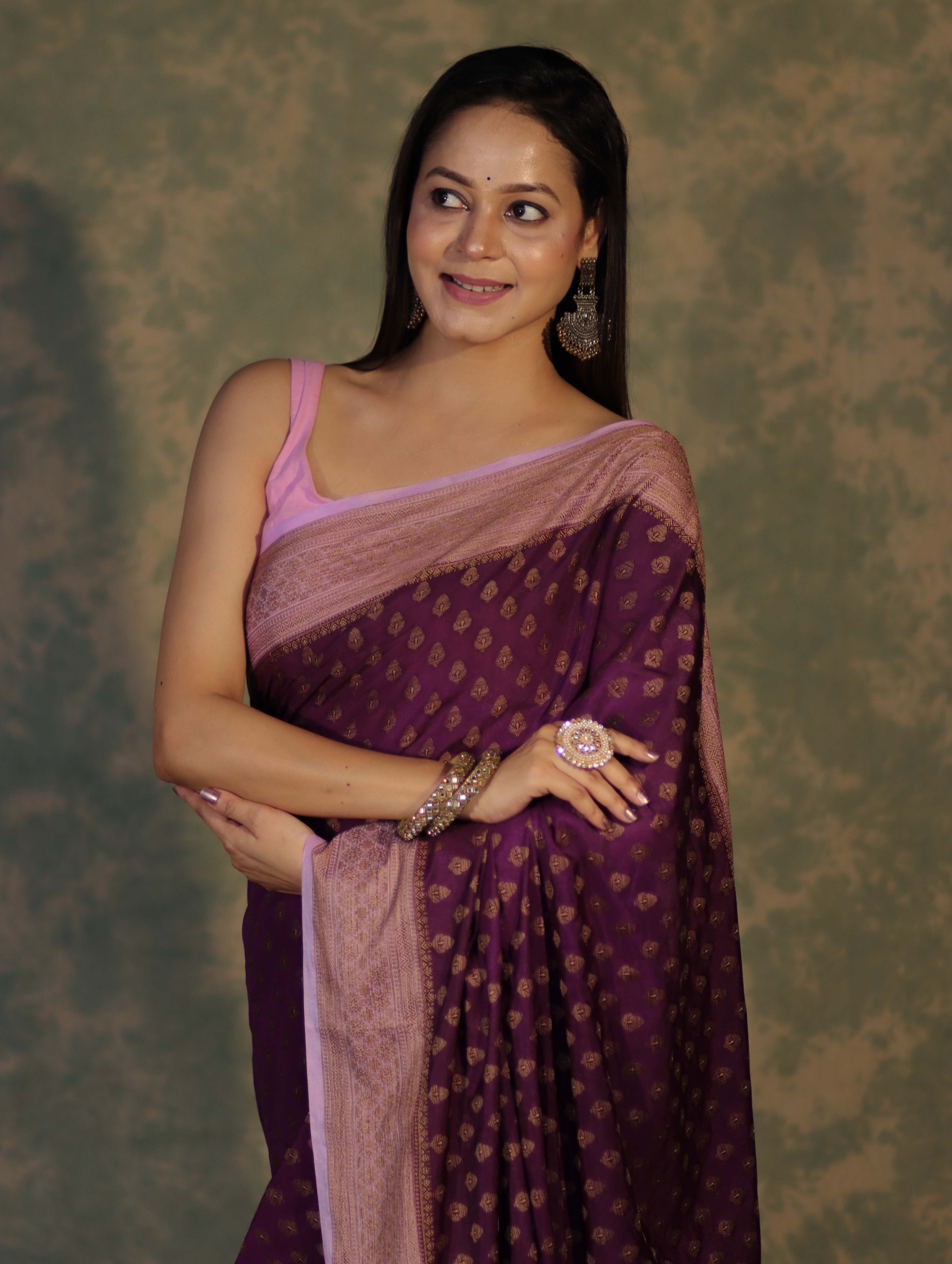 Banarasee Handloom Soft Cotton Saree With Resham Work & Contrast Border-Violet & Lilac