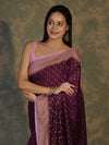 Banarasee Handloom Soft Cotton Saree With Resham Work & Contrast Border-Violet & Lilac