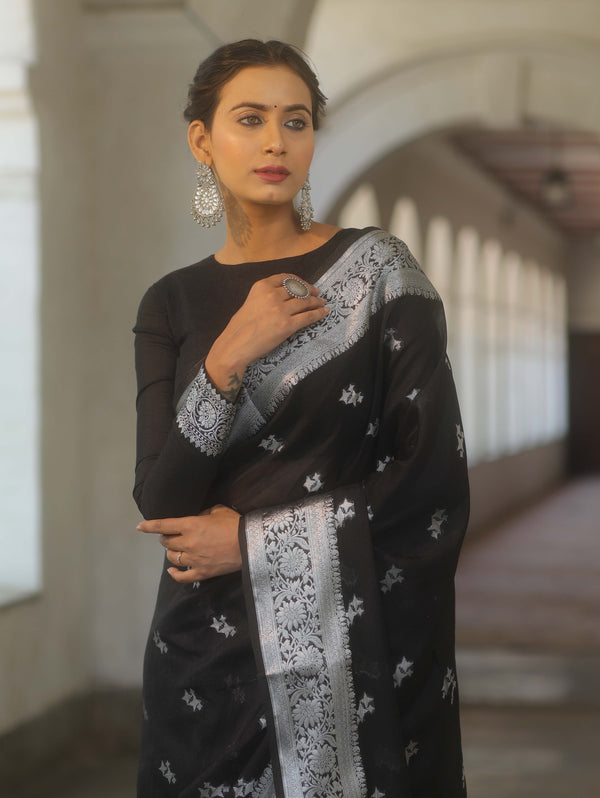 Banarasee Semi-Georgette Saree Silver Zari Buti Design & Border-Black