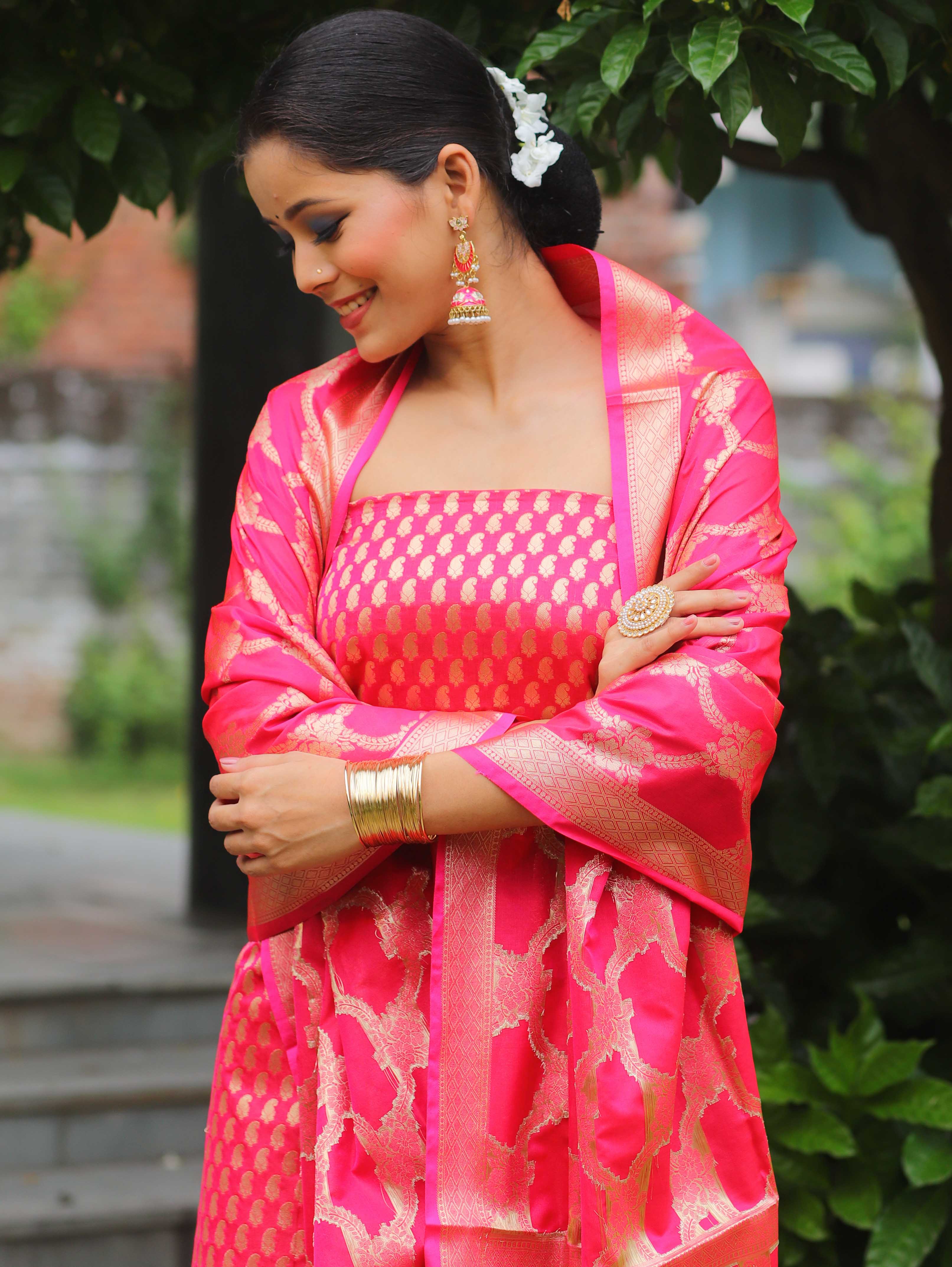 Banarasee Salwar Kameez Semi Katan Silk Fabric With Zari Work-Pink