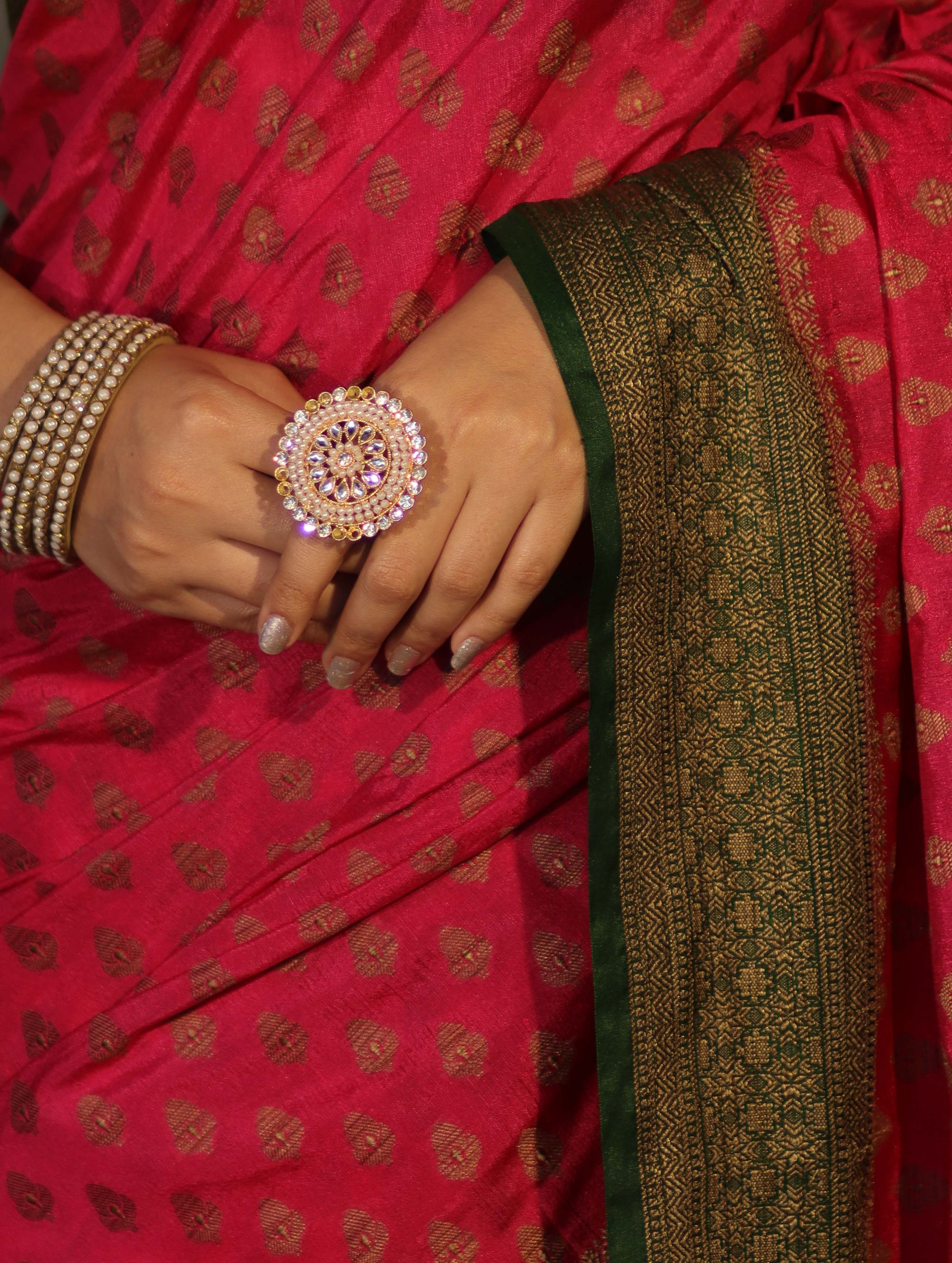 Banarasee Handloom Soft Cotton Saree With Resham Work & Contrast Border-Pink & Green