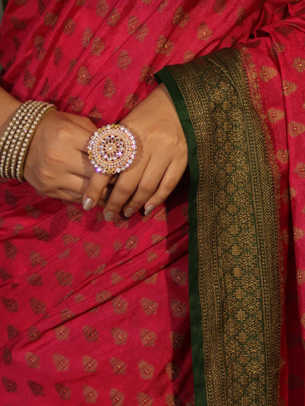 Banarasee Handloom Soft Cotton Saree With Resham Work & Contrast Border-Pink & Green