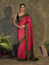 Banarasee Handloom Soft Cotton Saree With Resham Work & Contrast Border-Pink & Green