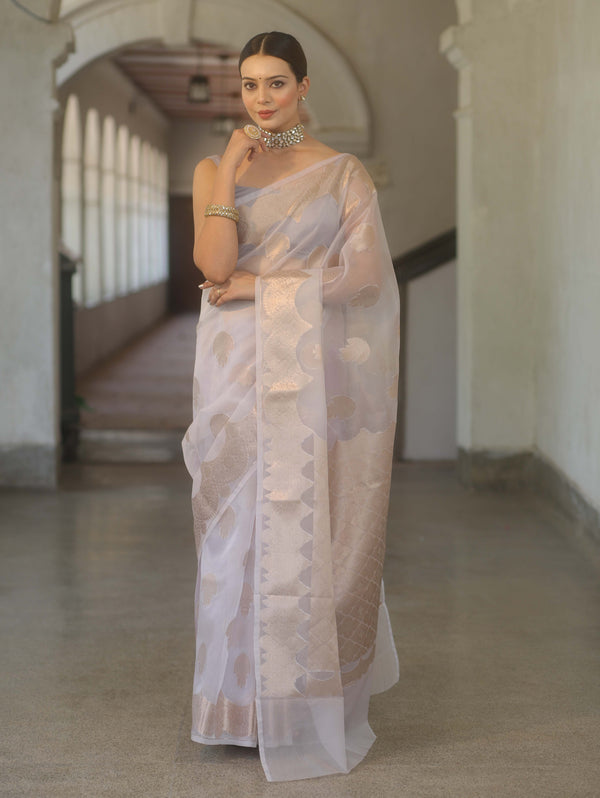 Banarasee Organza Mix Saree With Zari Buta & Scallop Border Design-Grey