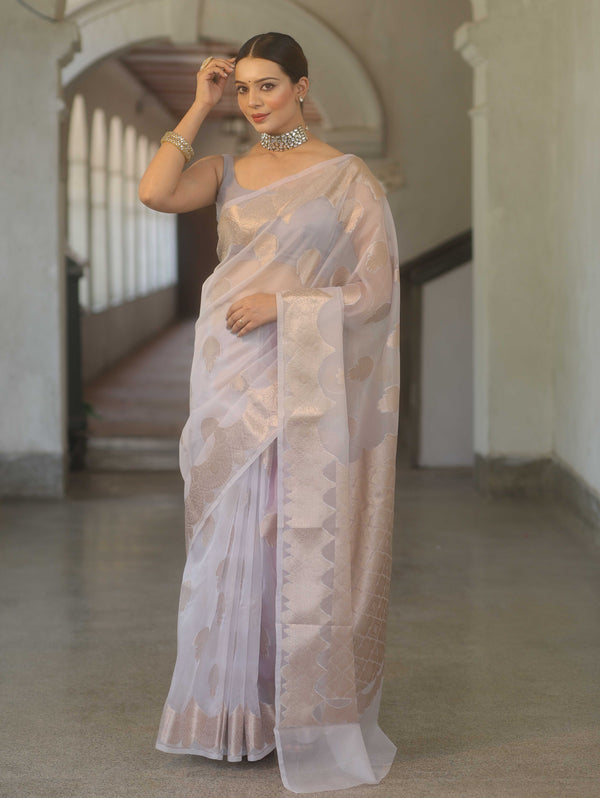 Banarasee Organza Mix Saree With Zari Buta & Scallop Border Design-Grey