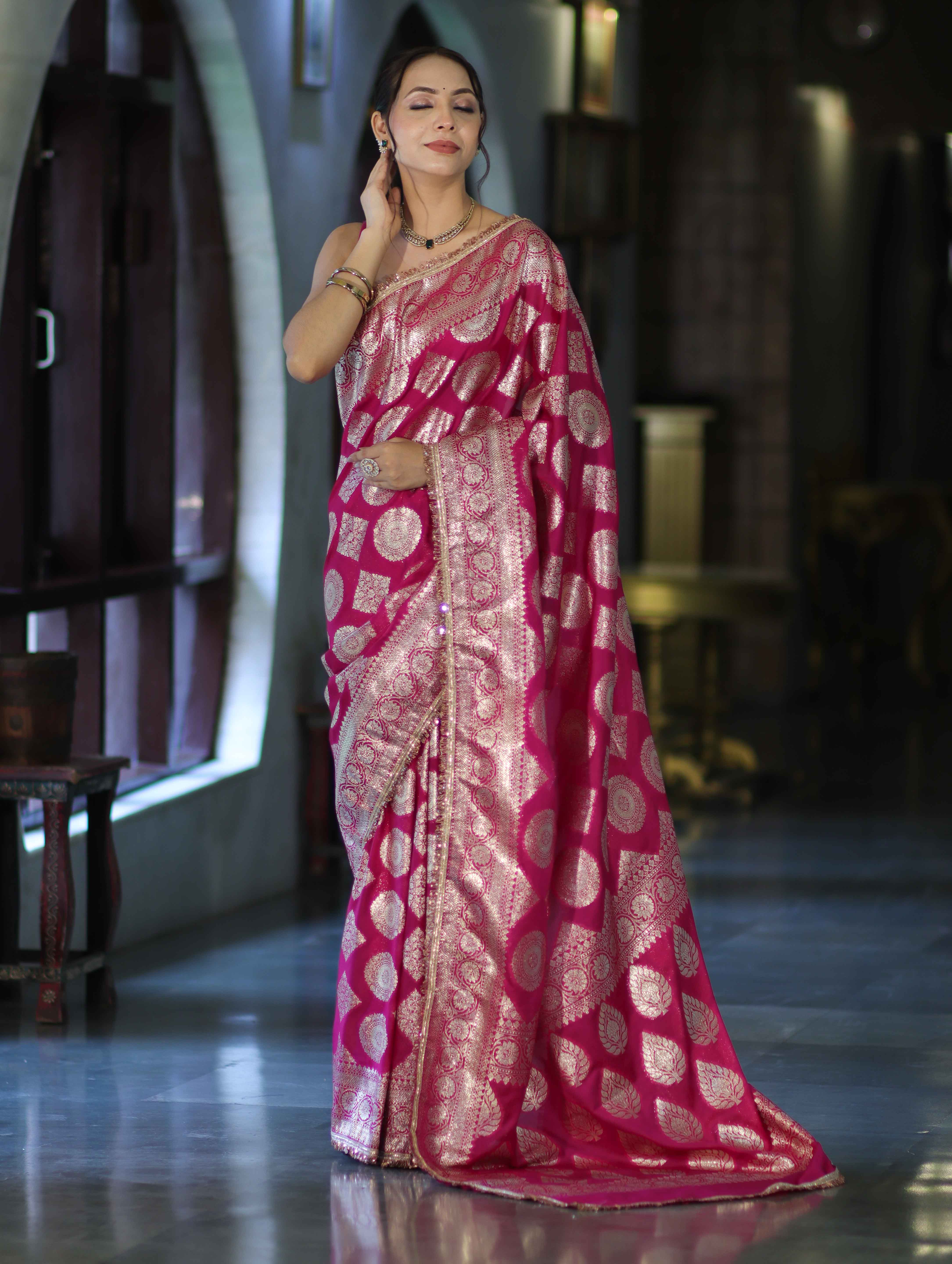 Banarasee Handloom Semi Silk Saree With Buta Design Zari Border & Lace-Pink