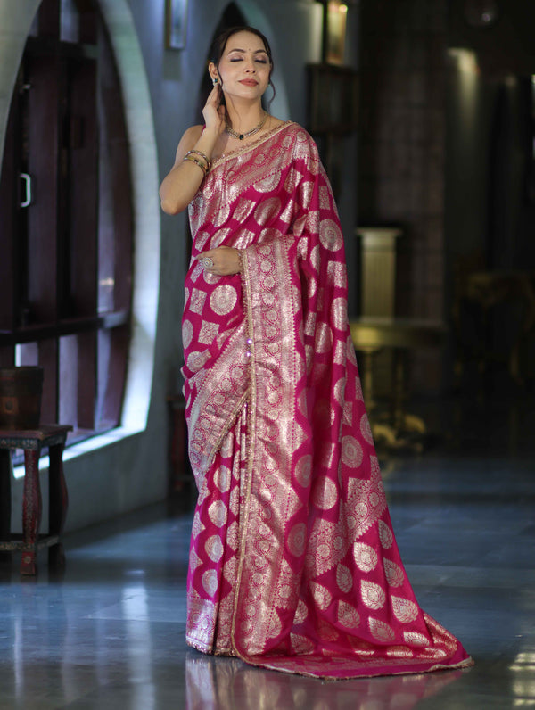 Banarasee Handloom Semi Silk Saree With Buta Design Zari Border & Lace-Pink