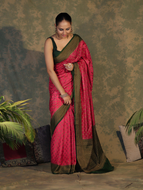 Banarasee Handloom Soft Cotton Saree With Resham Work & Contrast Border-Pink & Green