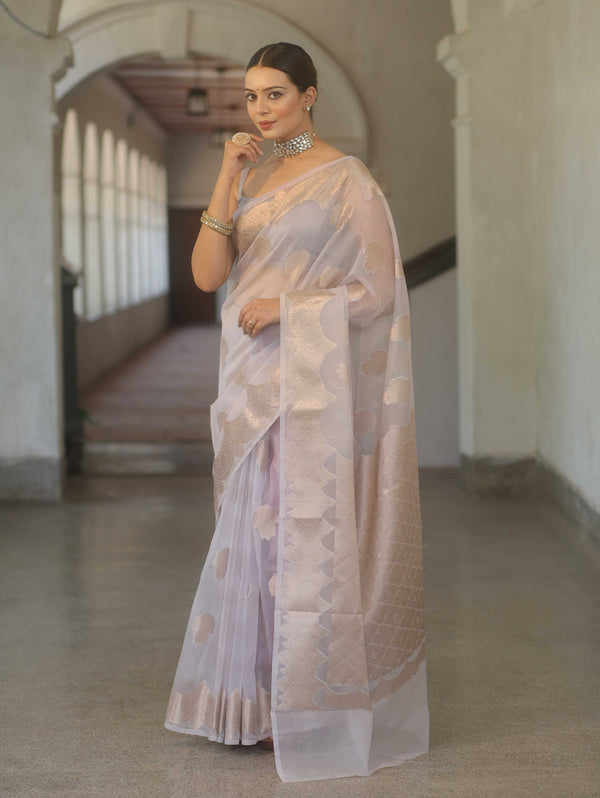 Banarasee Organza Mix Saree With Zari Buta & Scallop Border Design-Grey