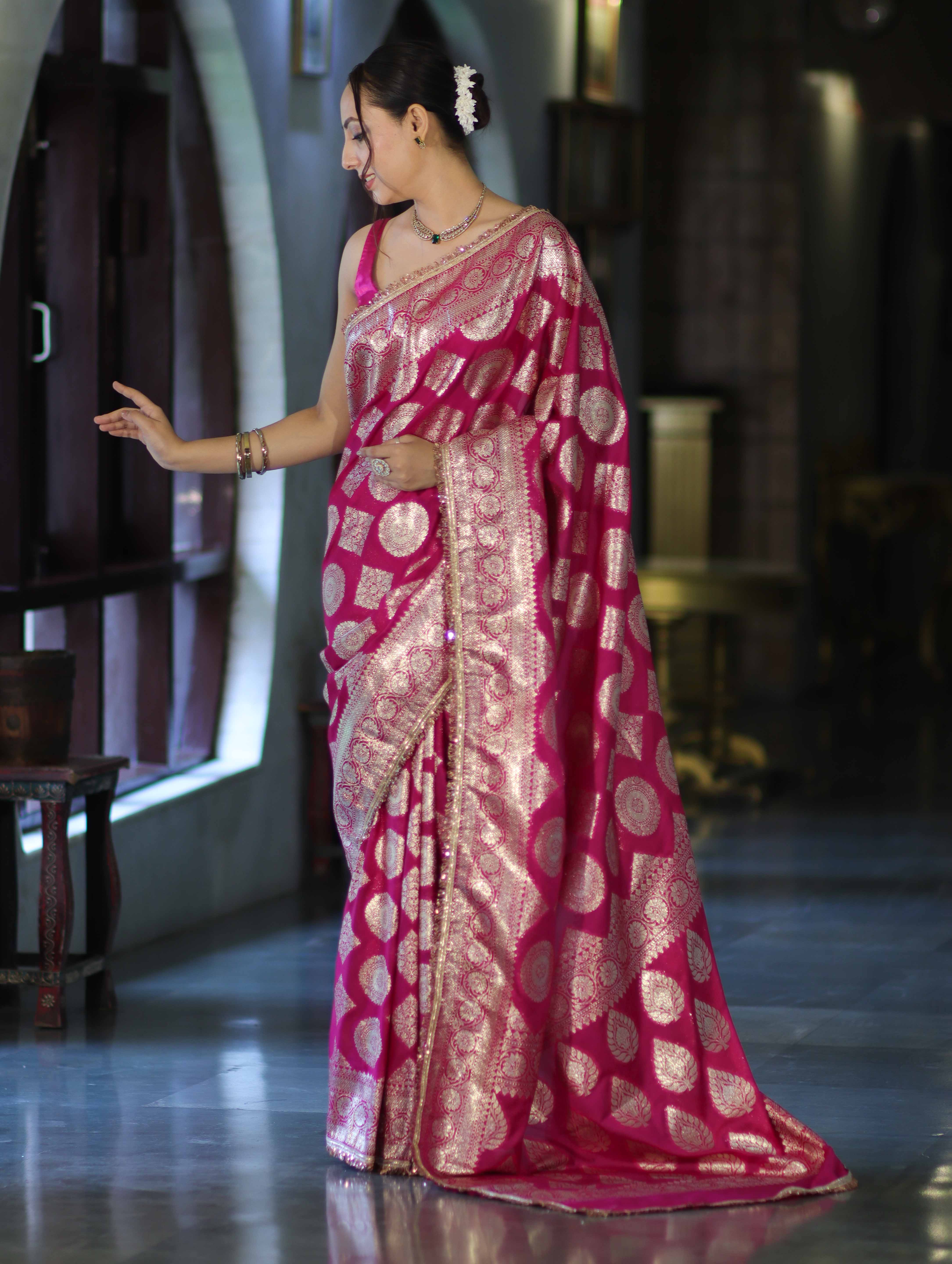 Banarasee Handloom Semi Silk Saree With Buta Design Zari Border & Lace-Pink