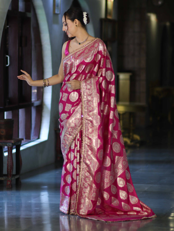 Banarasee Handloom Semi Silk Saree With Buta Design Zari Border & Lace-Pink