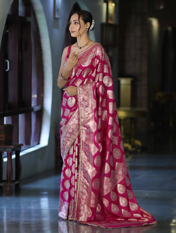 Banarasee Handloom Semi Silk Saree With Buta Design Zari Border & Lace-Pink