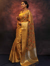 Banarasee Handwoven Broad Border Tissue Saree With Embroidered Floral Design-Gold