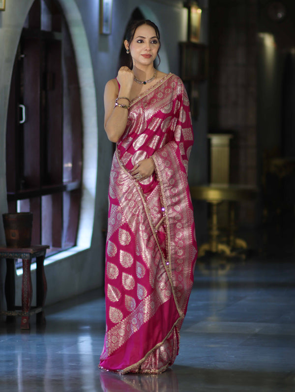 Banarasee Handloom Semi Silk Saree With Buta Design Zari Border & Lace-Pink