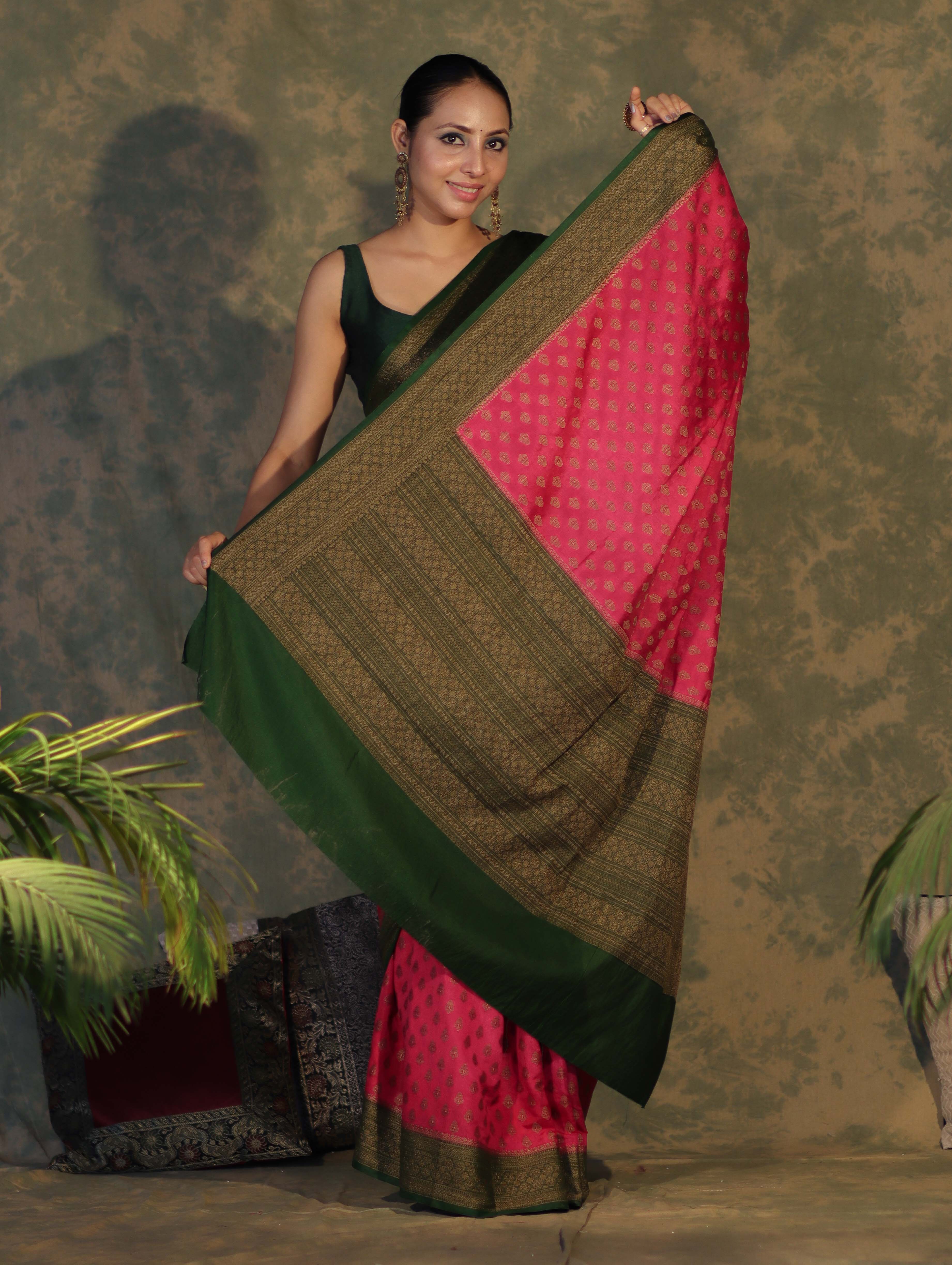 Banarasee Handloom Soft Cotton Saree With Resham Work & Contrast Border-Pink & Green