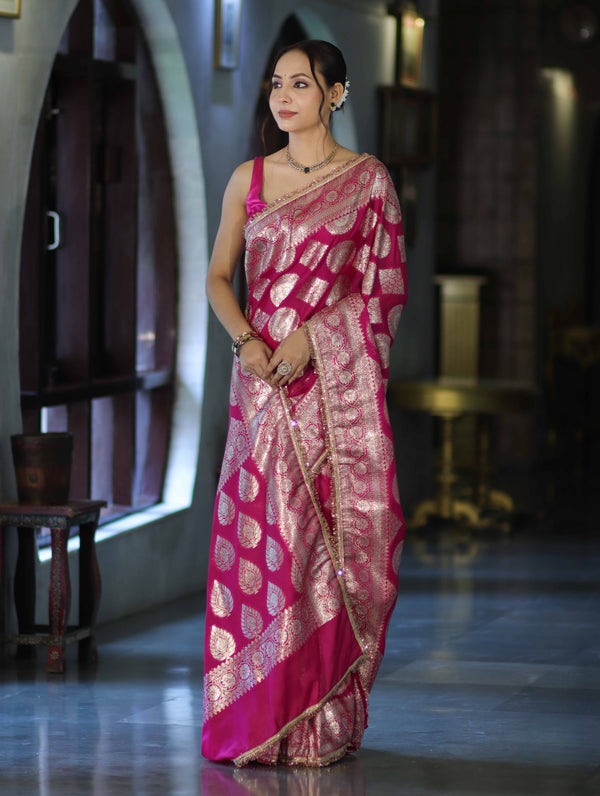Banarasee Handloom Semi Silk Saree With Buta Design Zari Border & Lace-Pink