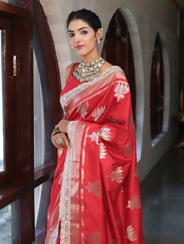 Banarasee Handwoven Semi Silk Saree With Zari Buta Design & Lace-Red