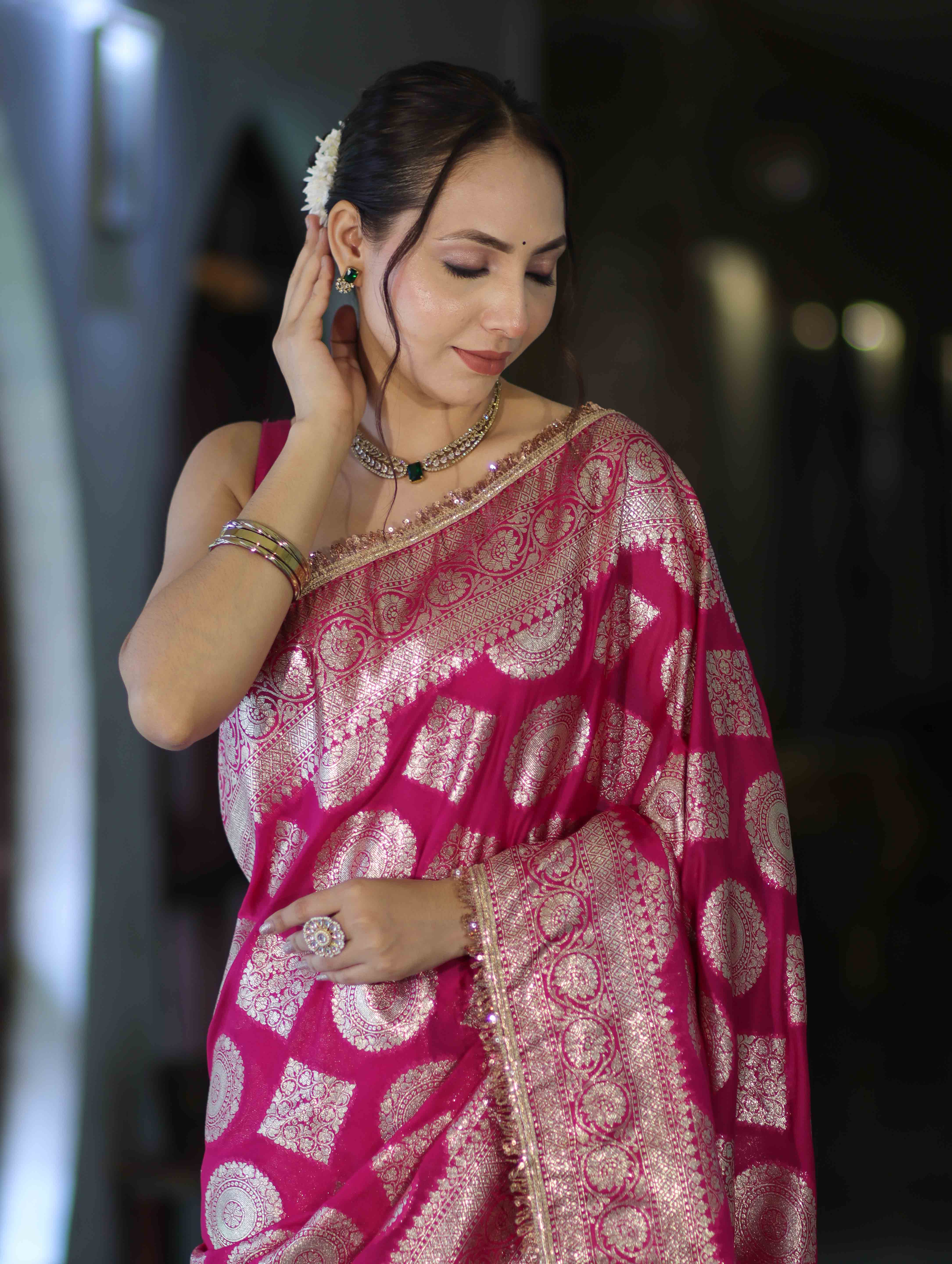 Banarasee Handloom Semi Silk Saree With Buta Design Zari Border & Lace-Pink