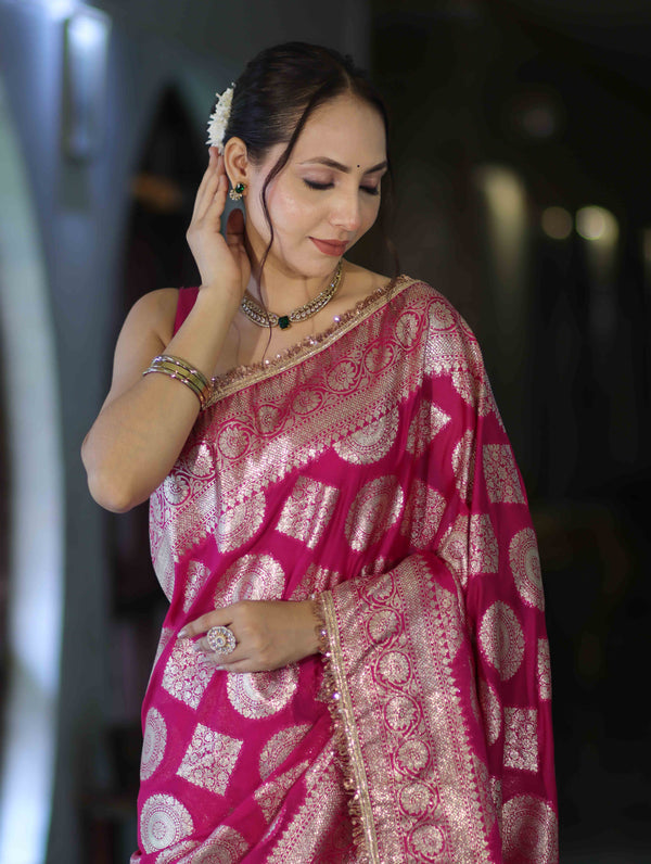 Banarasee Handloom Semi Silk Saree With Buta Design Zari Border & Lace-Pink