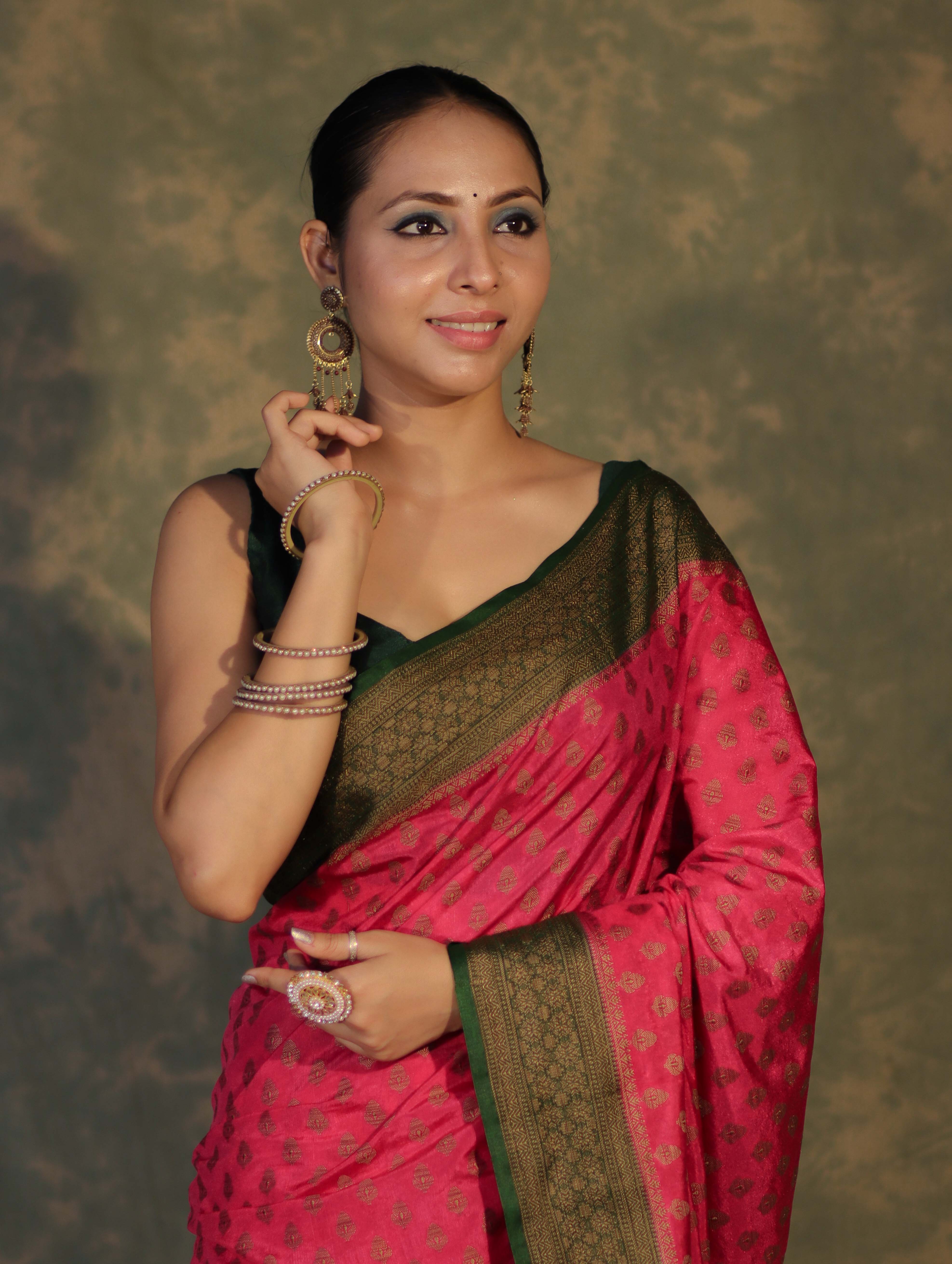 Banarasee Handloom Soft Cotton Saree With Resham Work & Contrast Border-Pink & Green