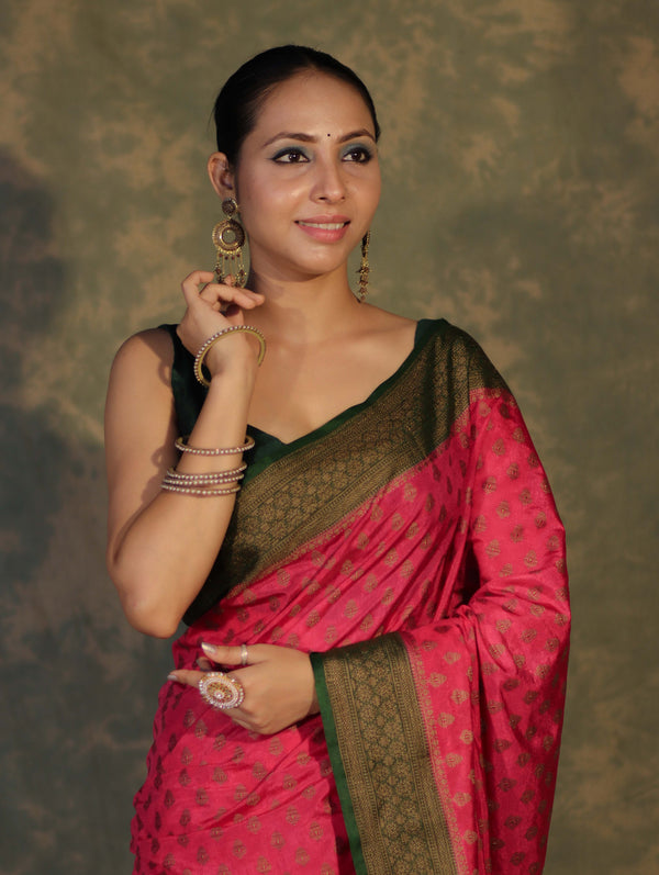 Banarasee Handloom Soft Cotton Saree With Resham Work & Contrast Border-Pink & Green