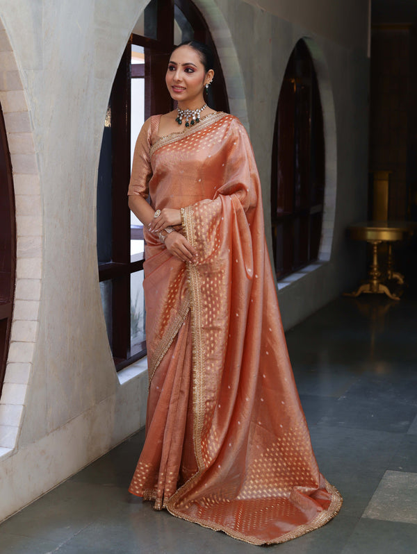 Banarasee Handwoven Tissue Saree With Zari Buti Design Border & Lace-Peach