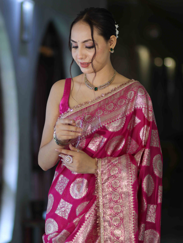 Banarasee Handloom Semi Silk Saree With Buta Design Zari Border & Lace-Pink