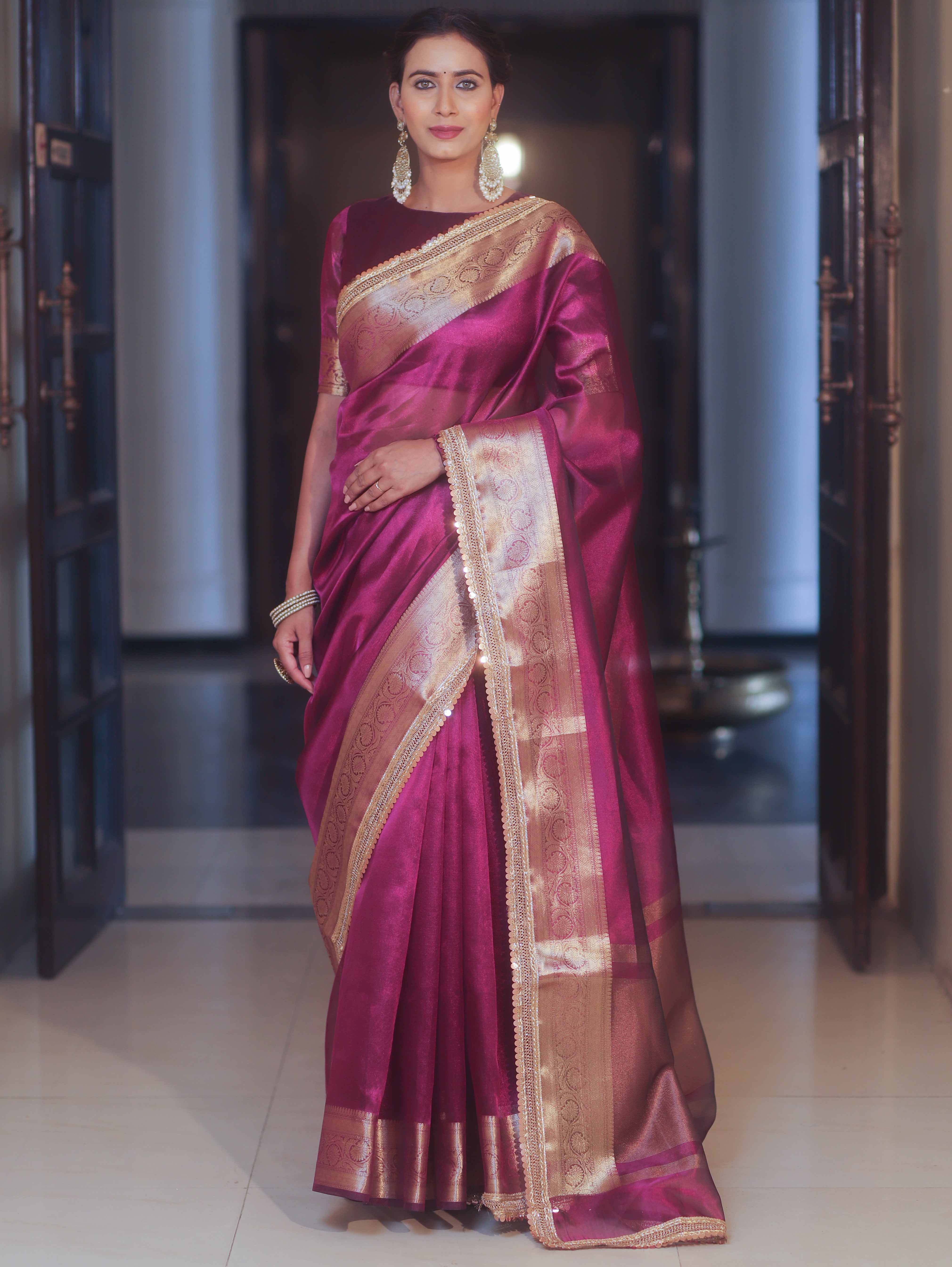 Banarasee Handwoven Plain Tissue Saree Zari Border With Lace-Magenta