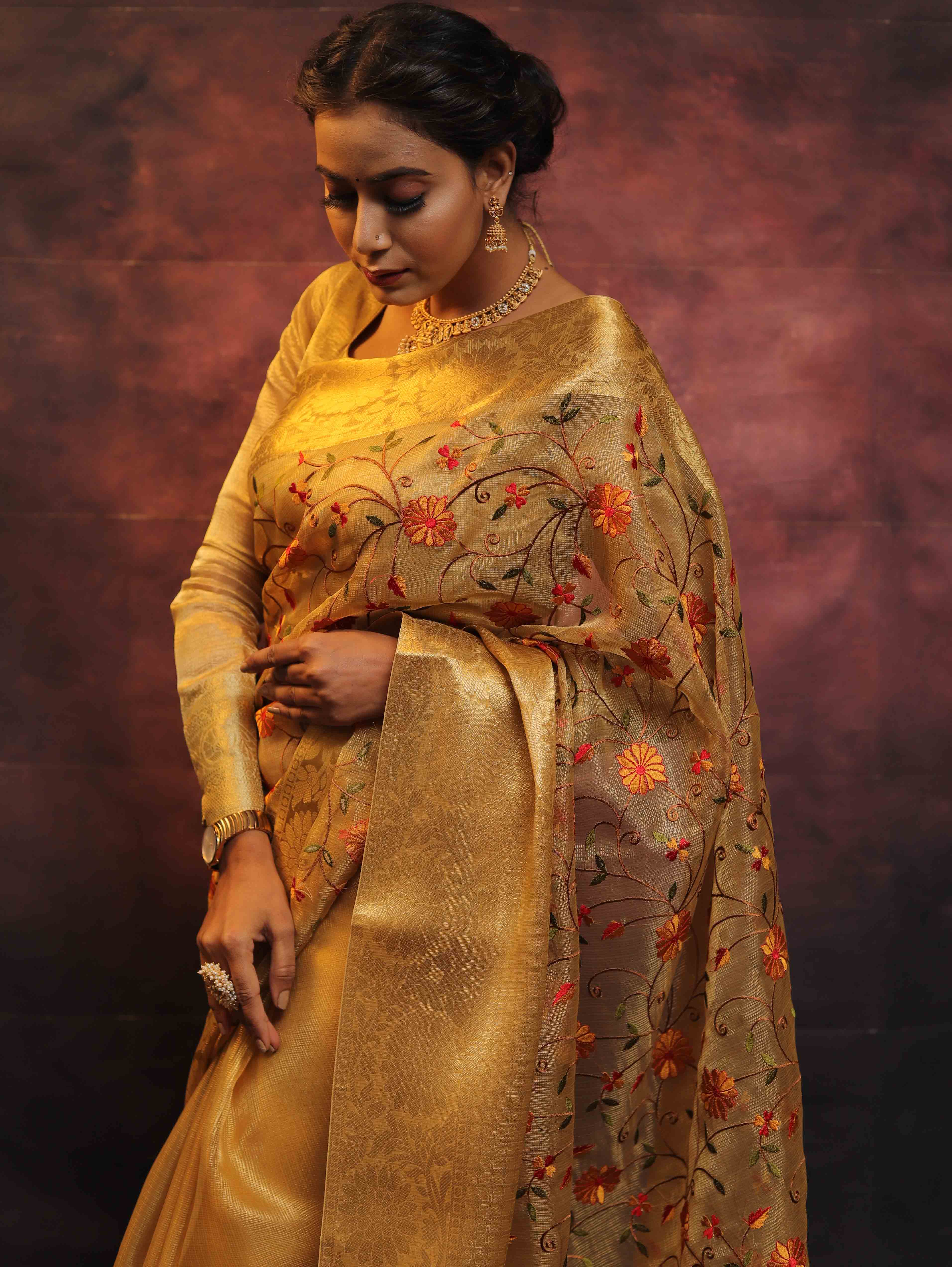 Banarasee Handwoven Broad Border Tissue Saree With Embroidered Floral Design-Gold