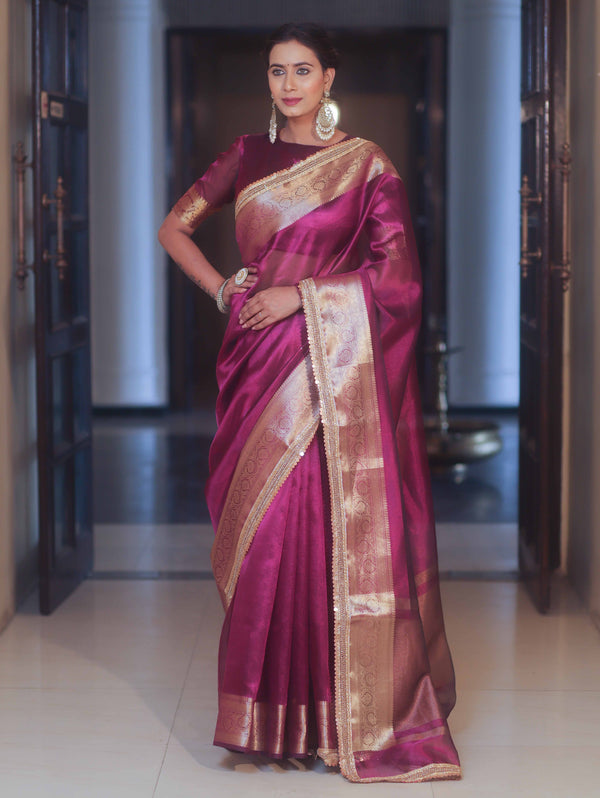 Banarasee Handwoven Plain Tissue Saree Zari Border With Lace-Magenta