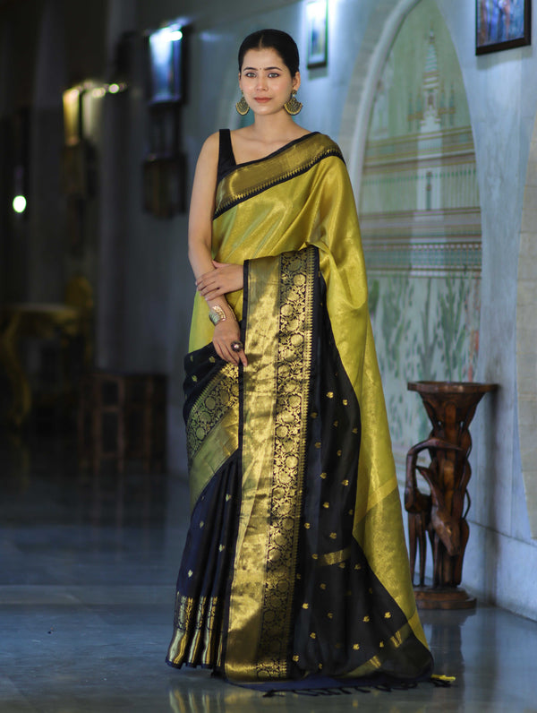 Banarasee Handloom Semi Silk Tissue Saree With Zari Design & Broad Border-Black & Yellow