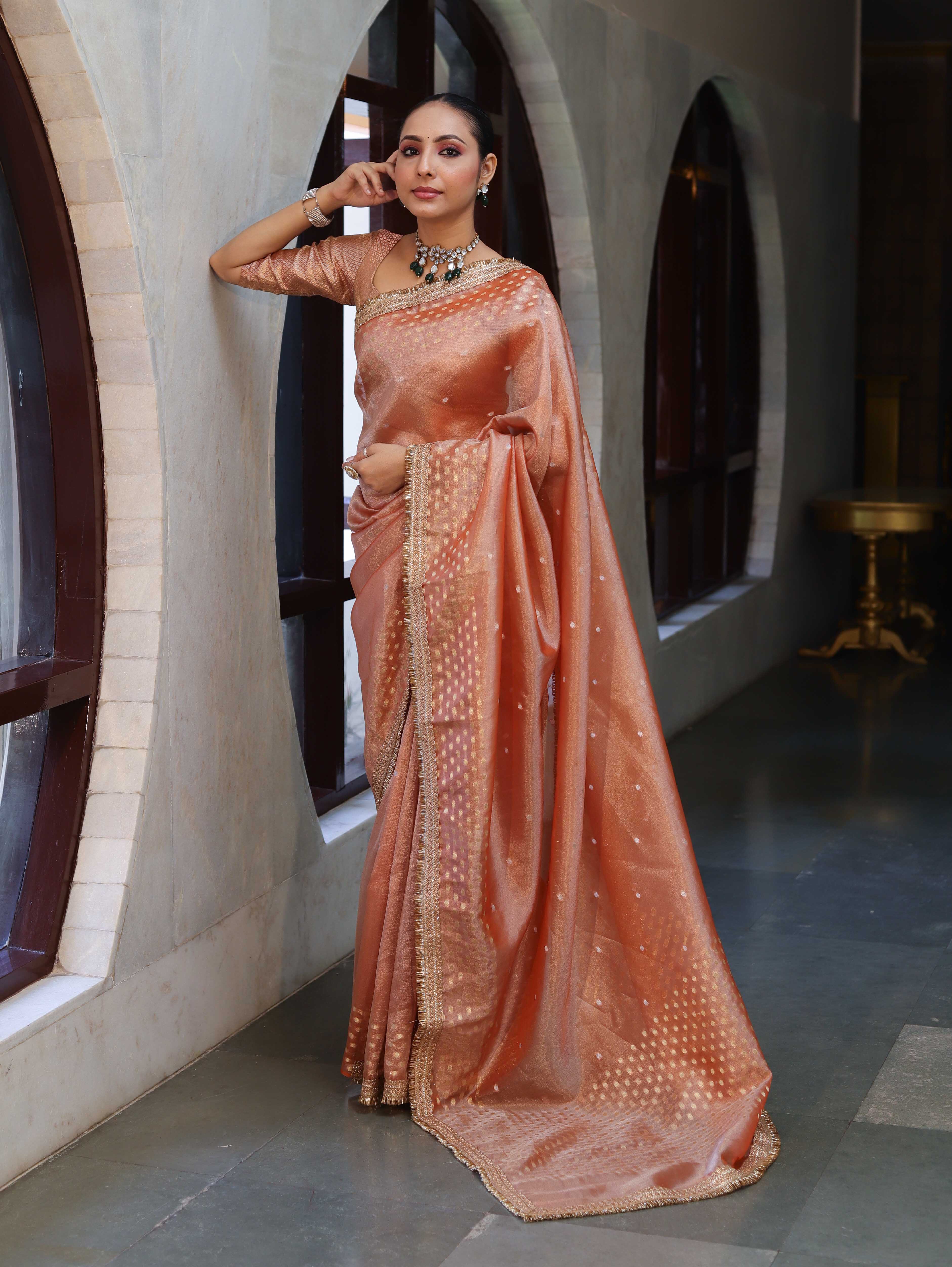 Banarasee Handwoven Tissue Saree With Zari Buti Design Border & Lace-Peach