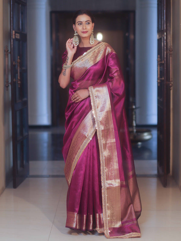 Banarasee Handwoven Plain Tissue Saree Zari Border With Lace-Magenta