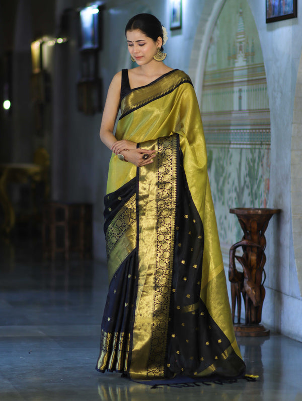 Banarasee Handloom Semi Silk Tissue Saree With Zari Design & Broad Border-Black & Yellow