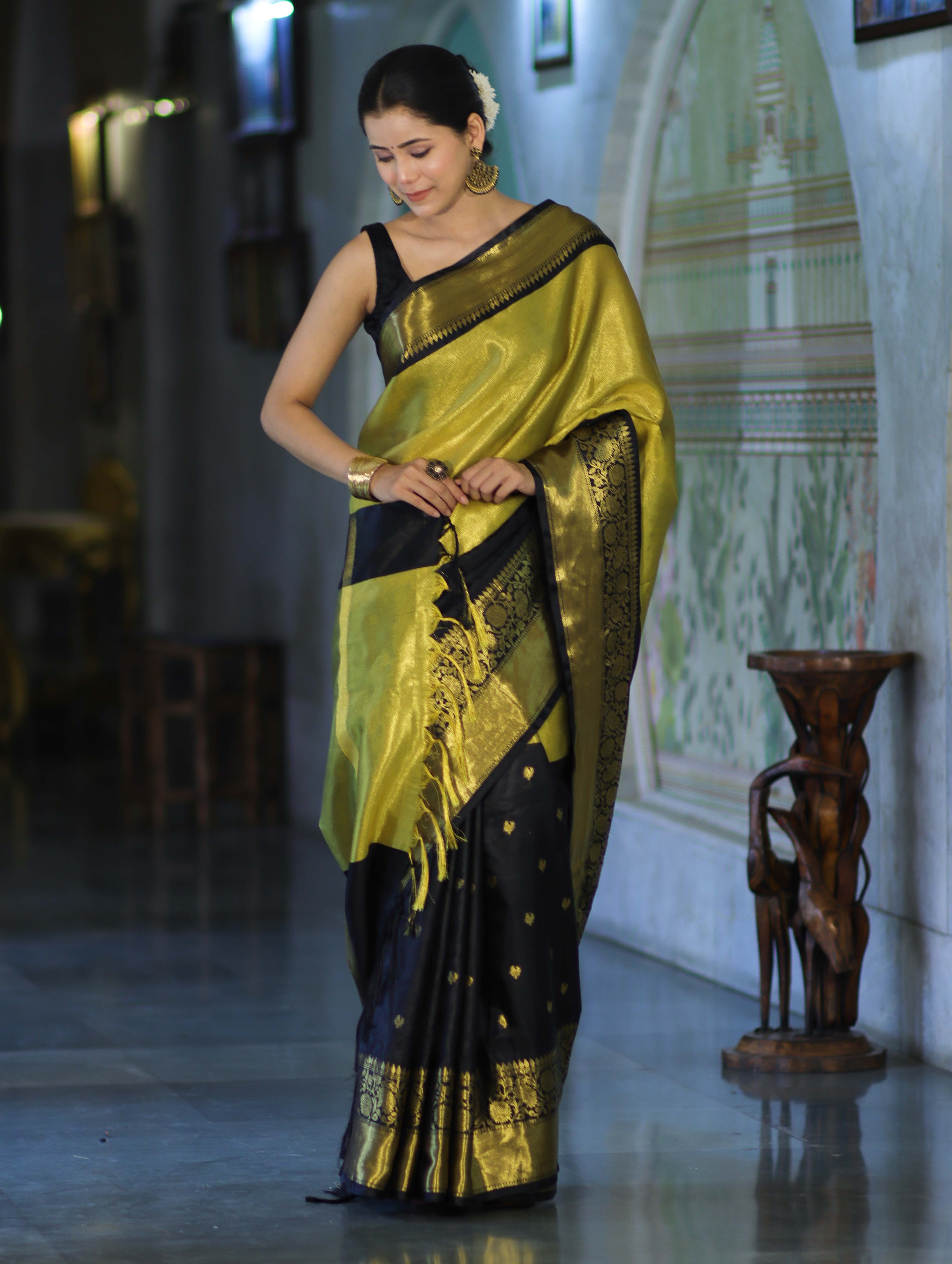 Banarasee Handloom Semi Silk Tissue Saree With Zari Design & Broad Border-Black & Yellow