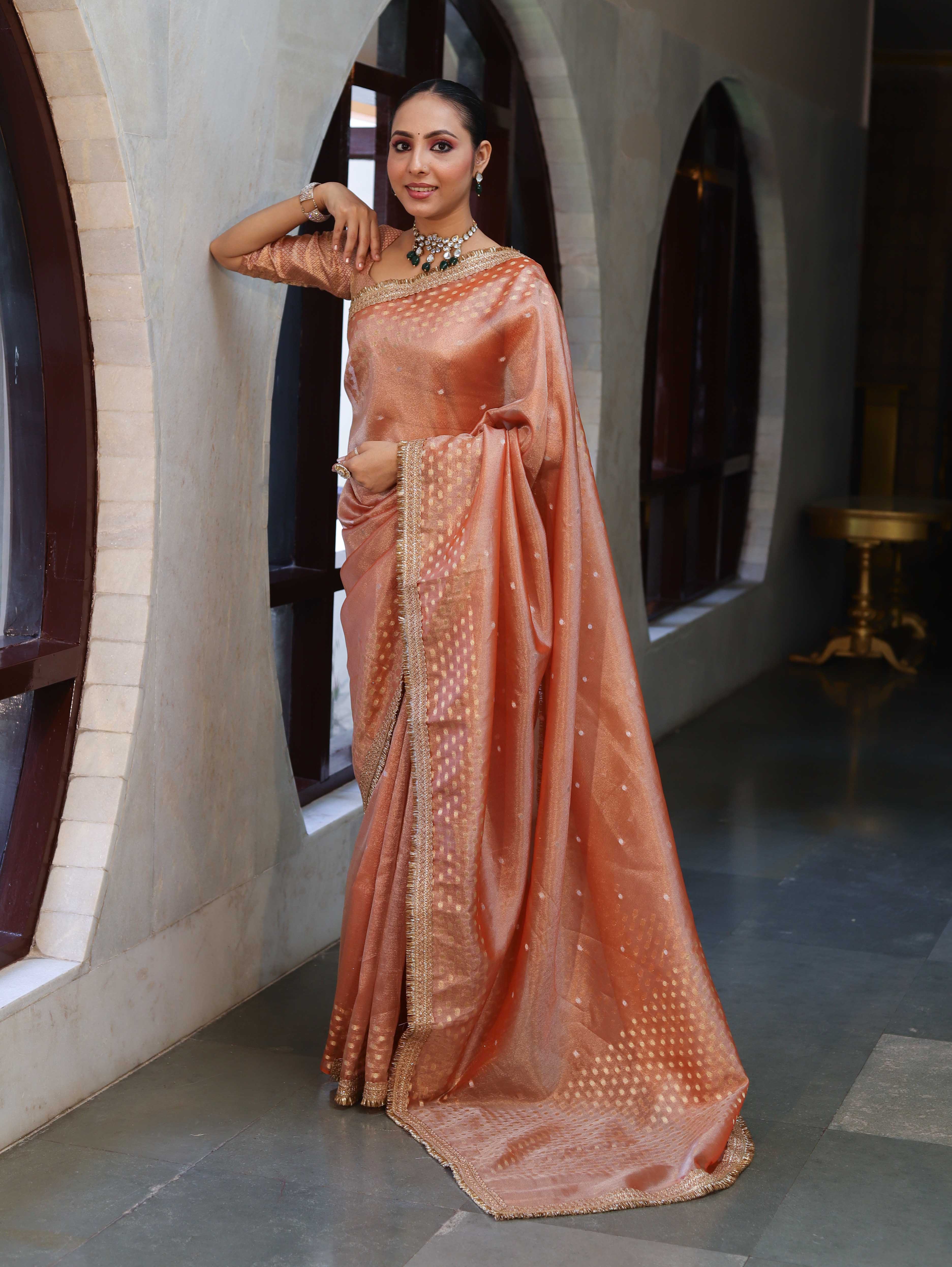 Banarasee Handwoven Tissue Saree With Zari Buti Design Border & Lace-Peach