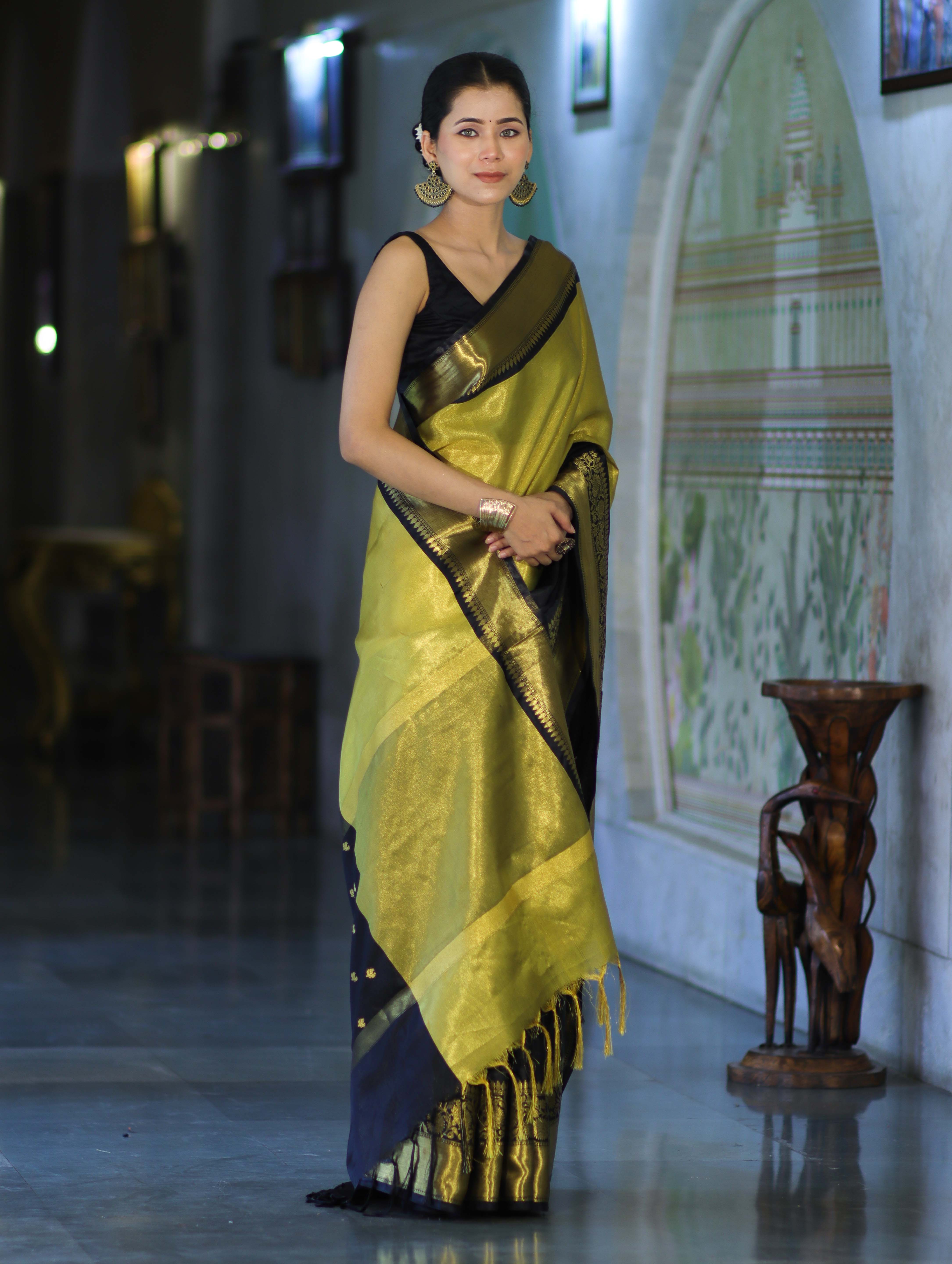 Banarasee Handloom Semi Silk Tissue Saree With Zari Design & Broad Border-Black & Yellow