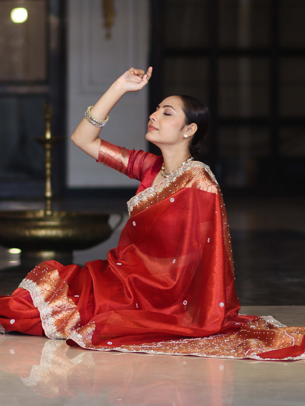 Banarasee Handloom Tissue Saree With Hand Embroidered Mirror Work Pearl Motifs & Zari Woven Pallu-Red