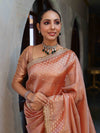 Banarasee Handwoven Tissue Saree With Zari Buti Design Border & Lace-Peach