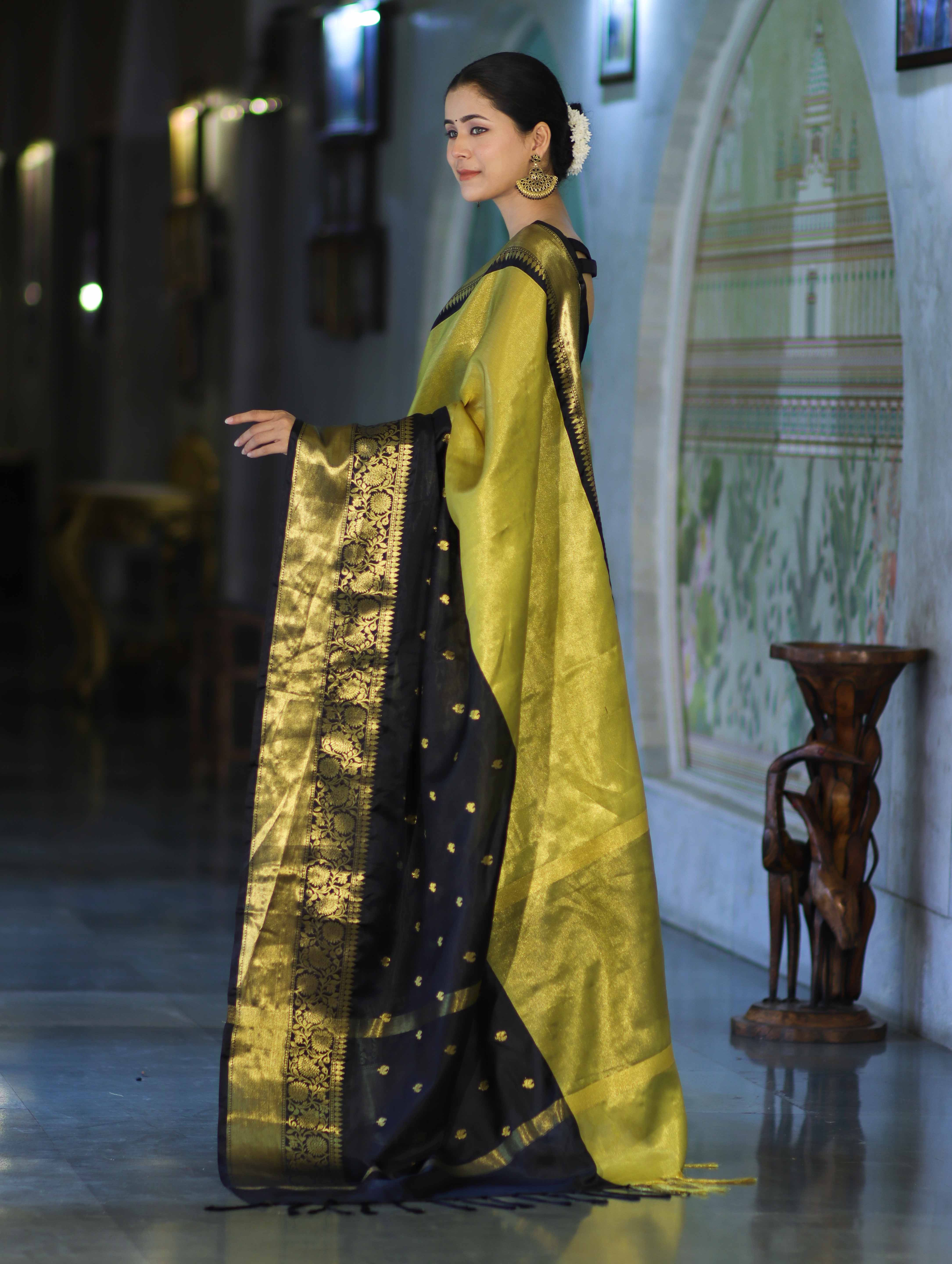 Banarasee Handloom Semi Silk Tissue Saree With Zari Design & Broad Border-Black & Yellow