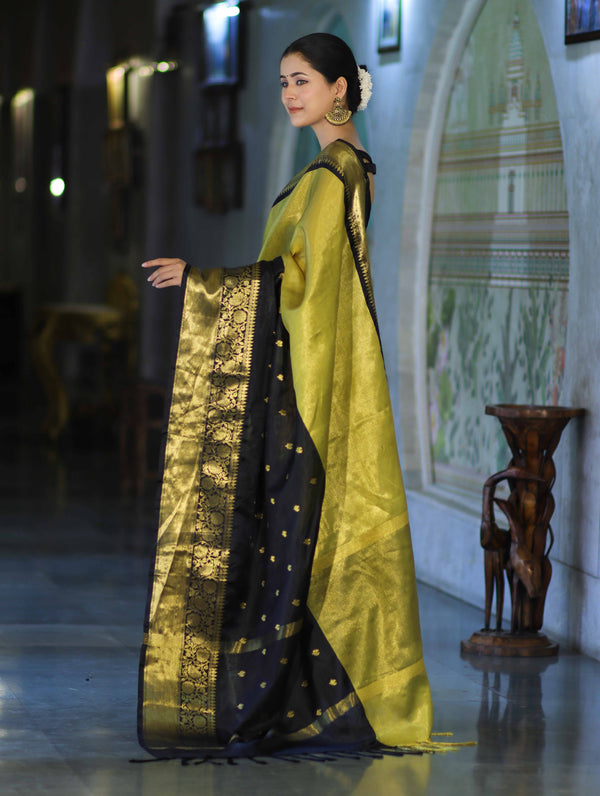 Banarasee Handloom Semi Silk Tissue Saree With Zari Design & Broad Border-Black & Yellow
