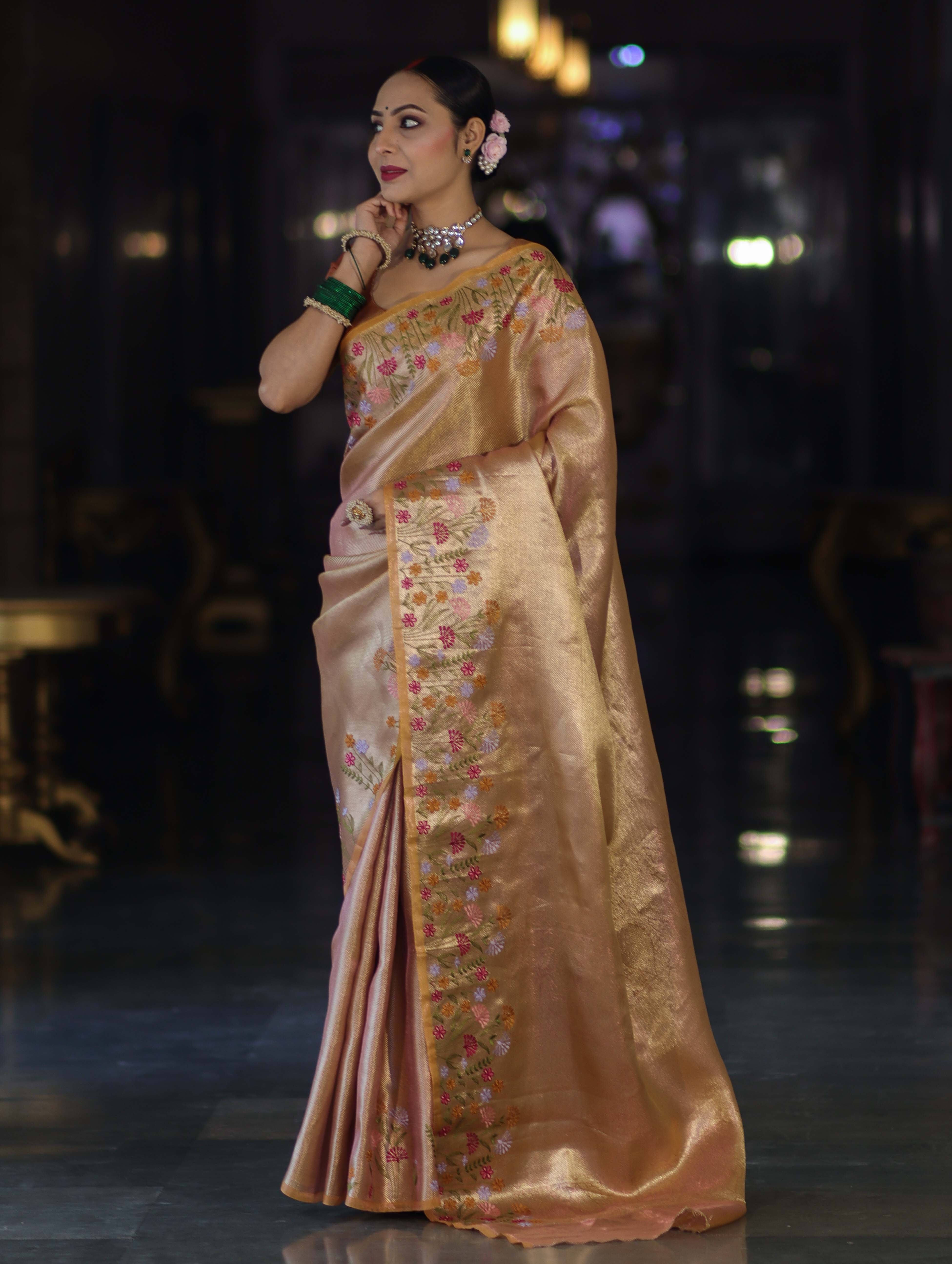 Banarasee Handwoven Tissue Saree With Thread Embroidered Border-Yellow (Gold Tone)