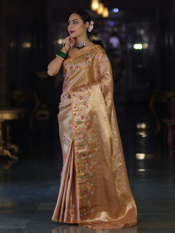 Banarasee Handwoven Tissue Saree With Thread Embroidered Border-Yellow (Gold Tone)