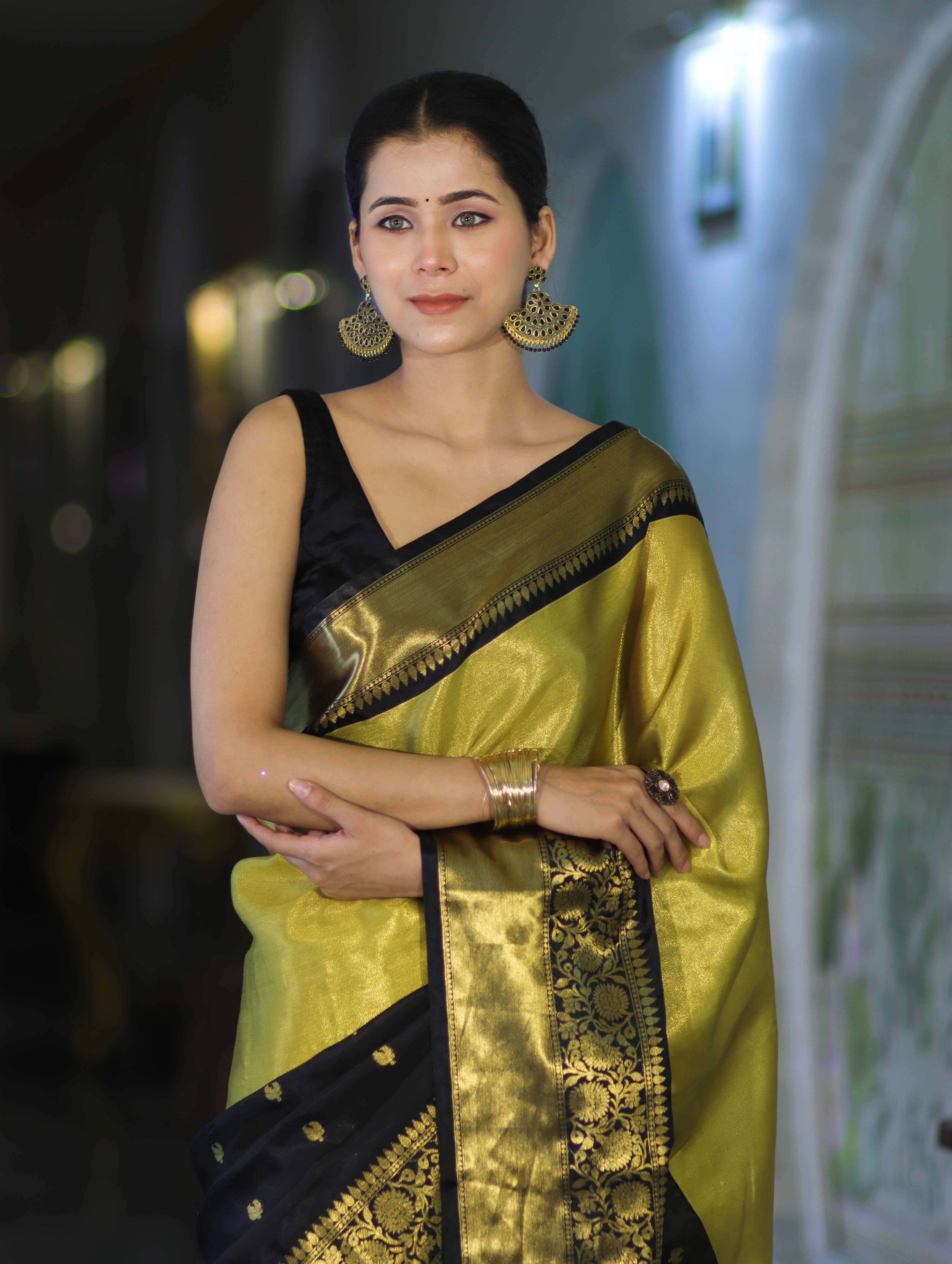 Banarasee Handloom Semi Silk Tissue Saree With Zari Design & Broad Border-Black & Yellow