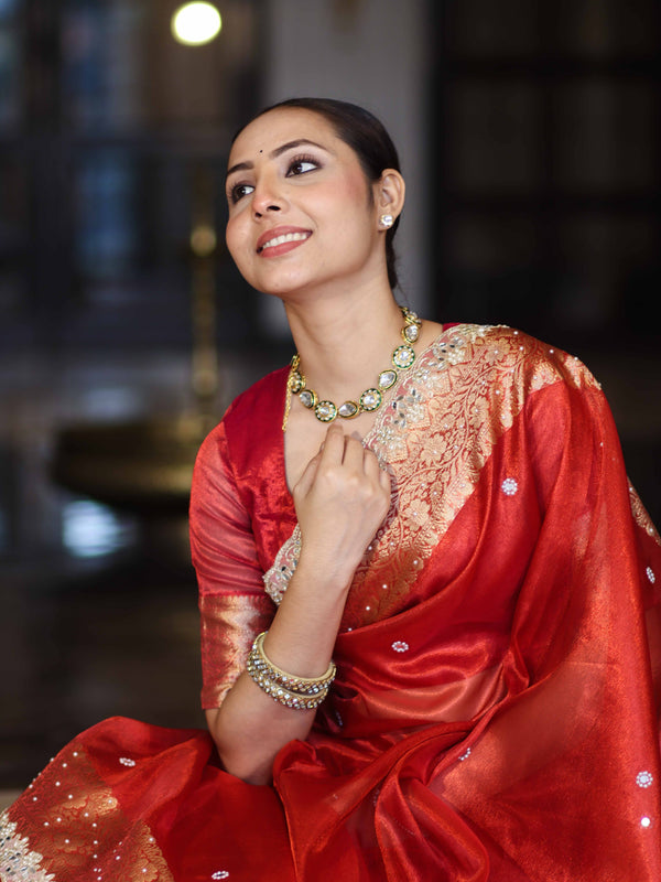 Banarasee Handloom Tissue Saree With Hand Embroidered Mirror Work Pearl Motifs & Zari Woven Pallu-Red