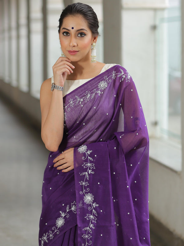 Banarasee Chanderi Cotton Hand-Embroidered Saree-Violet
