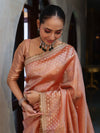 Banarasee Handwoven Tissue Saree With Zari Buti Design Border & Lace-Peach