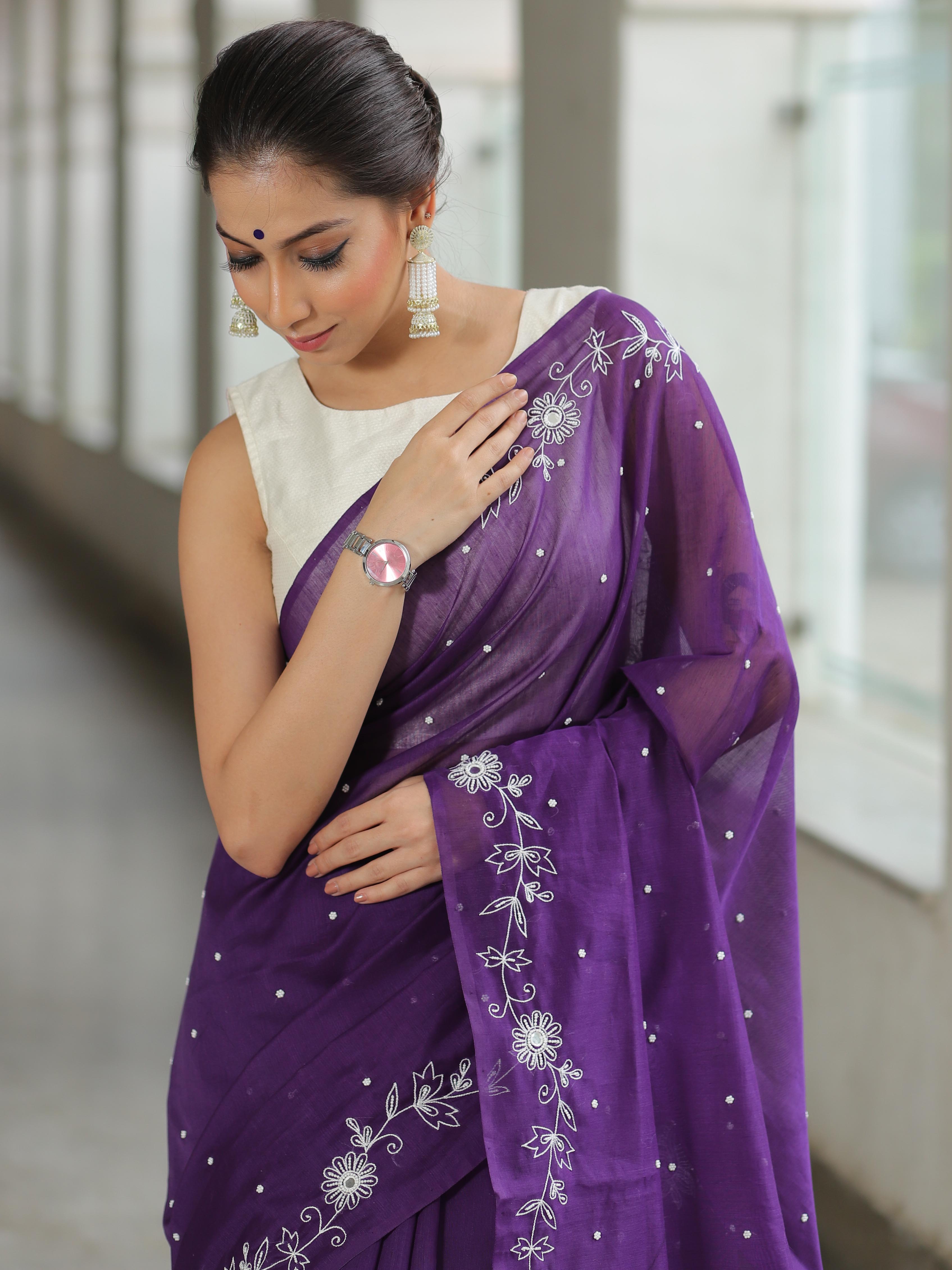Banarasee Chanderi Cotton Hand-Embroidered Saree-Violet