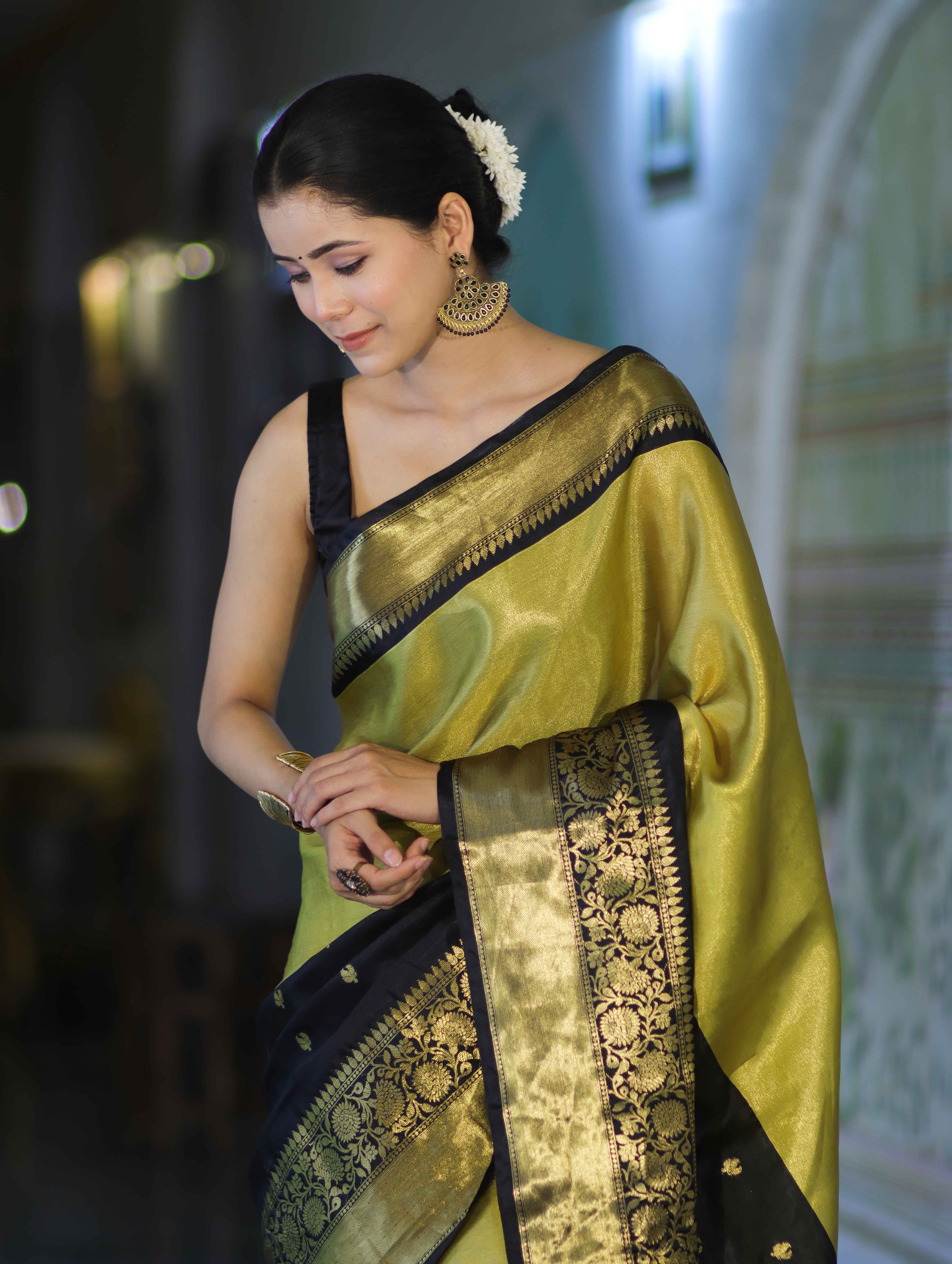 Banarasee Handloom Semi Silk Tissue Saree With Zari Design & Broad Border-Black & Yellow