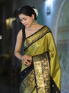 Banarasee Handloom Semi Silk Tissue Saree With Zari Design & Broad Border-Black & Yellow